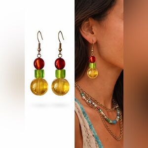 Colorful Boho Beaded Dangle Earrings | Red Green Yellow Statement ❤️💚💛